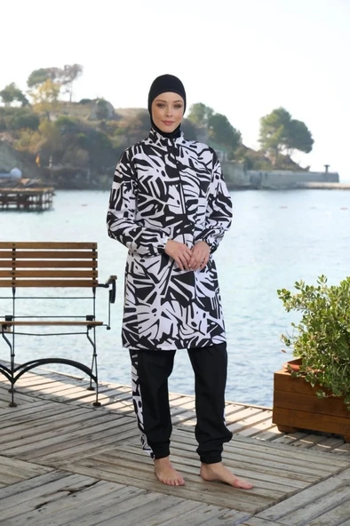 Estiva 25965 Siyah Beyaz Fermuarlı Biyeli Tam Boy  Tesettür Mayo - Resim 2