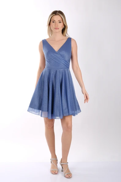 DORİDORCA Kadın Geniş Askılı Simli Mini Abiye Elbise 22243012 - 4