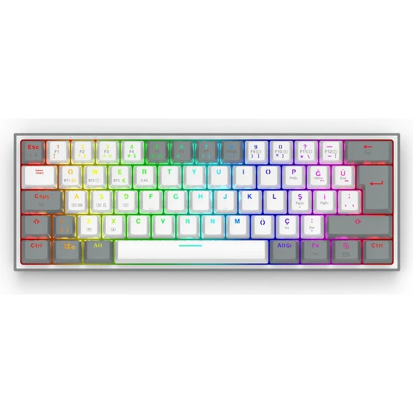 Redragon K616 Fizz PRO RGB Red Switch 2.4GHz Kablosuz Türkçe Mekanik Oyuncu Klavyesi Beyaz-Gri