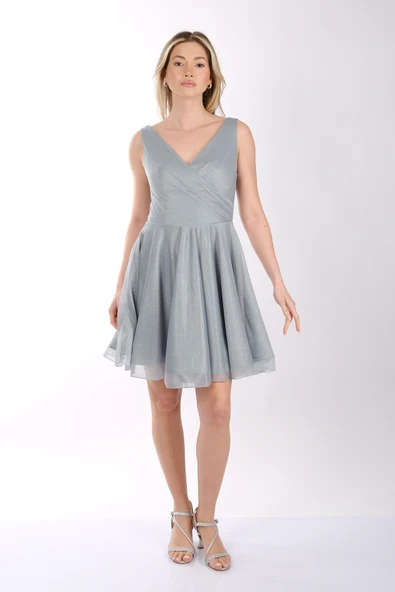 DORİDORCA Kadın Geniş Askılı Simli Mini Abiye Elbise 22243012 - 6