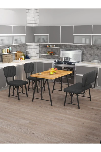 Hayat 70x110 Atlantik Mutfak Masası, Mutfak Masası Takımı,  2 Sandalye 1 Bench - Antrasit