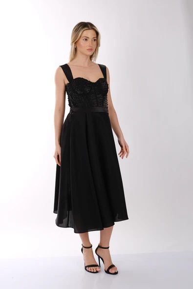 Kadın İnci Taşlı Tüllü Kısa Abiye Elbise Ankyra 25YANK3204 - Resim 5