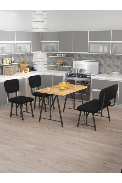 Hayat 70x110 Atlantik Mutfak Masası, Mutfak Masası Takımı, Yemek Masası, 2 Sandalye 1 Bench - Siyah