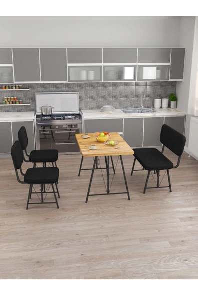 Hayat 70x110 Atlantik Mutfak Masası, Mutfak Masası Takımı, Yemek Masası, 2 Sandalye 1 Bench - Siyah - 3