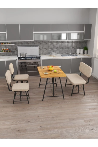 Hayat 70x110 Atlantik Mutfak Masası, Mutfak Masası Takımı, Yemek Masası, 2 Sandalye 1 Bench - Krem - 3