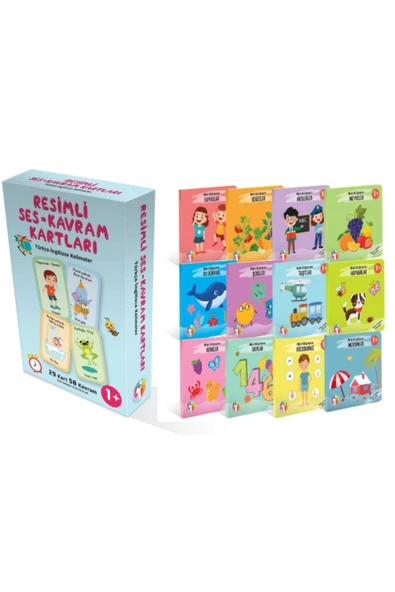 MERT BEBEK Bebeğimin Minik Kütüphanesi 12 Li Set - Resimli Ses Kavram Kartları Türkçe Ingilizce Kelimeler