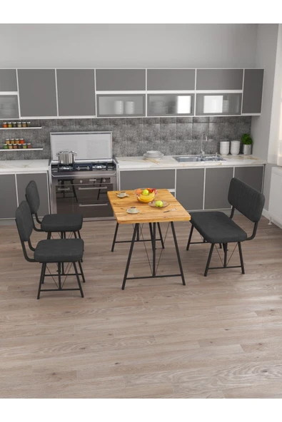 Hayat 70x110 Atlantik Mutfak Masası, Mutfak Masası Takımı,  2 Sandalye 1 Bench - Antrasit - 3