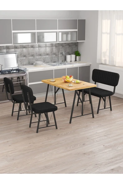 Hayat 70x110 Atlantik Mutfak Masası, Mutfak Masası Takımı, Yemek Masası, 2 Sandalye 1 Bench - Siyah - 2