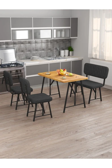 Hayat 70x110 Atlantik Mutfak Masası, Mutfak Masası Takımı,  2 Sandalye 1 Bench - Antrasit - 2