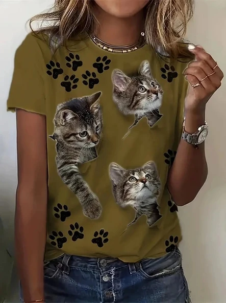 Kadın Kısa Kollu Kedi Ve Pati Baskılı Süprem T-shirt ürün görseli 1