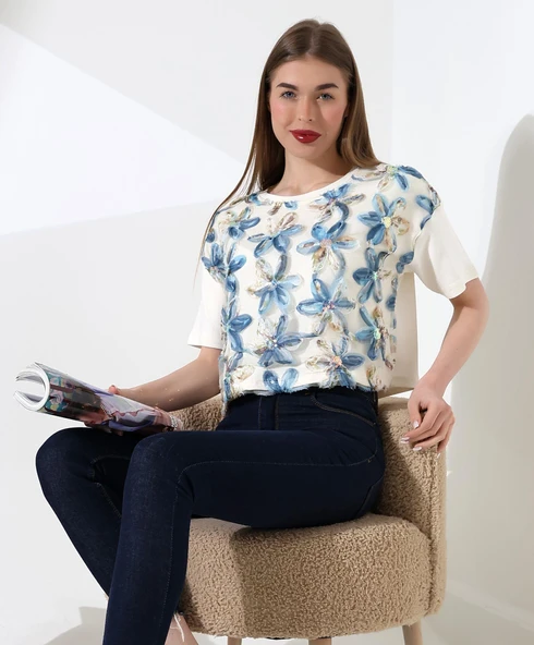 Çiçek Tül Detaylı Nakışlı Bluz T-shirt - 10