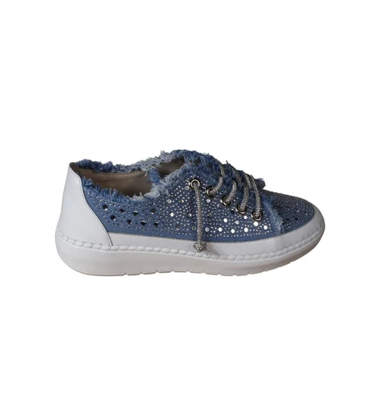 YAZKIŞ Kadın Mavi Kot Üzeri ve Bağcıkları Taşlı Sneaker Fashıon Günlük Spor Ayakkabı - Resim 6