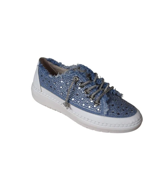 YAZKIŞ Kadın Mavi Kot Üzeri ve Bağcıkları Taşlı Sneaker Fashıon Günlük Spor Ayakkabı - Resim 4