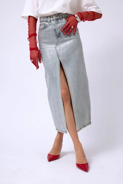 Varak Baskılı Yırtmaçlı Maxi Denim Etek - 3