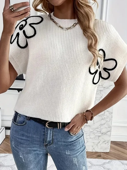 Kadın çiçek Detaylı Triko Bluz - 3
