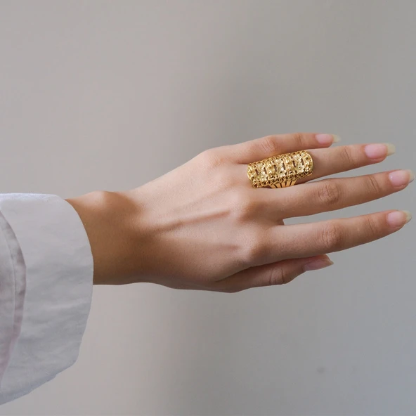 Çelik Yüzük Kadın Altın Kaplama Çiçek Desenli Kaburga Model YZK-497 - 2