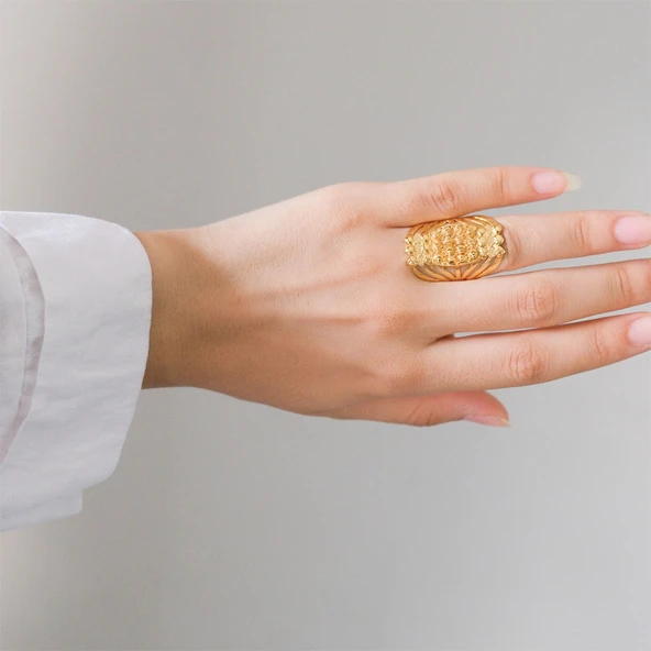 Çelik Yüzük Kadın Altın Kaplama Dorikalı Kaburga YZK-478 - 2