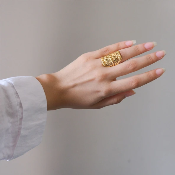 Çelik Yüzük Kadın Altın Kaplama Dorikalı Kaburga Model YZK-498 - 2