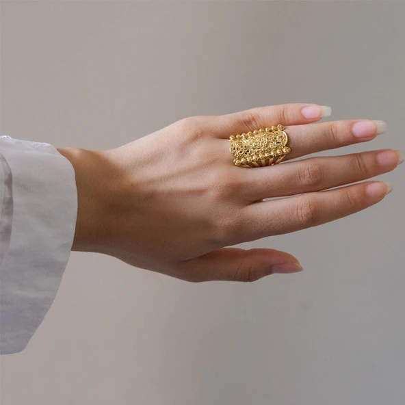 Çelik Yüzük Kadın Altın Kaplama Dorikalı Kaburga Model YZK-491 - 2