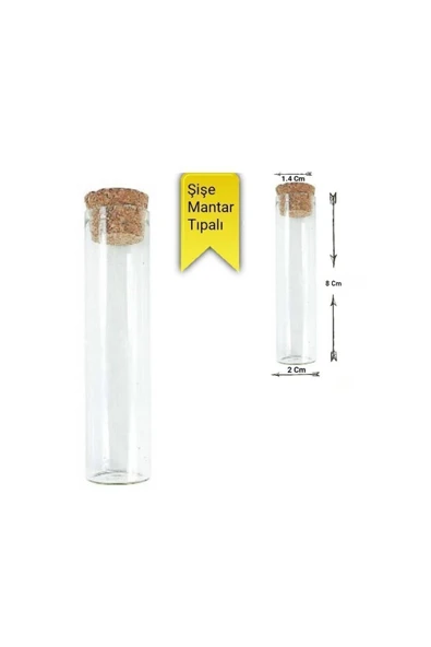 20 Adet Cam Şişe Mantar Tıpalı Dibi Düz Çok Amaçlı Deney Tüpü (EN 2 CM BOY 8 CM) - 2