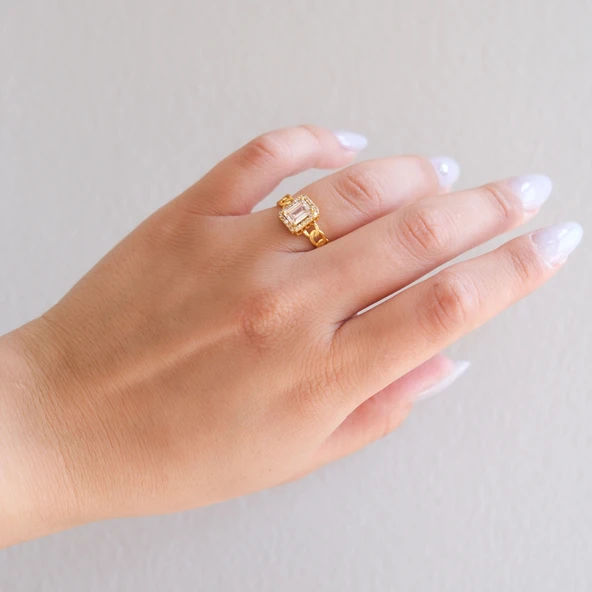 Çelik Baget Yüzük Altın Kaplama Zincir Detaylı YZK-441 - 2