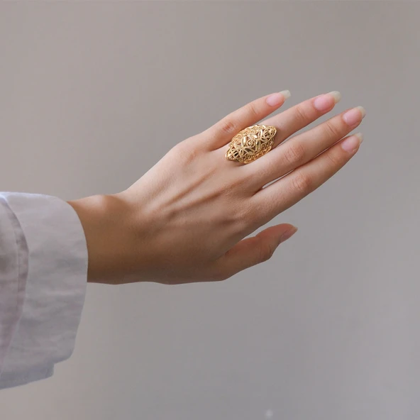 Çelik Yüzük Kadın Altın Kaplama Dorika Toplu Kaburga YZK- 468 - 2