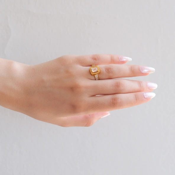 Çelik Baget Yüzük Altın Kaplama Taşlı Kenar YZK-453 - 2