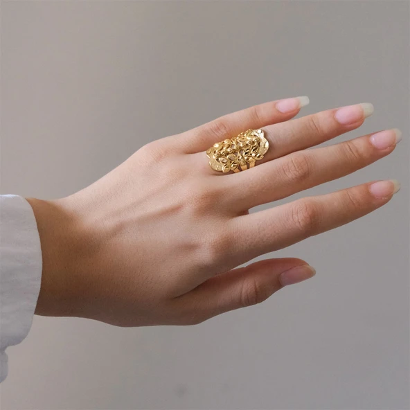 Çelik Yüzük Altın Kaplama Arpa Kesim Dorikalı Kaburga YZK -486 - 2