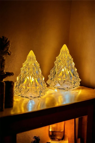 - 2'li Kristal Led Çam Ağacı Mum Alevli Yapay Mum Pilli Yılbaşı Buzdağı Led Işık Abajur