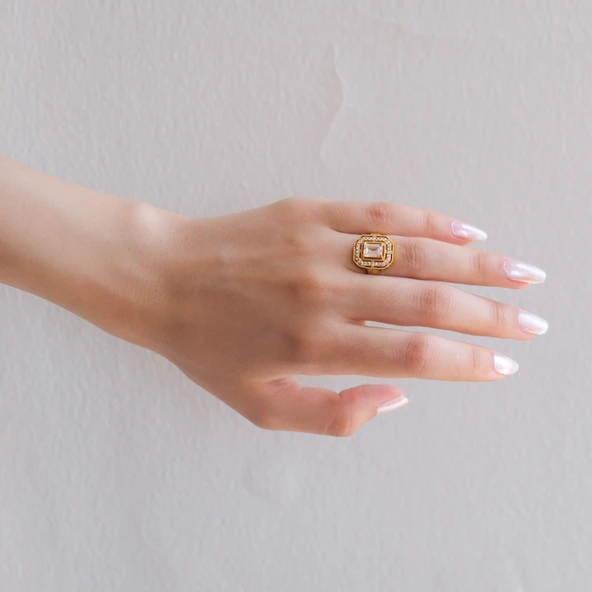 Altın Kaplama 2 Sıra Zirkon Taşlı Baget Yüzük YZK-450 - 2