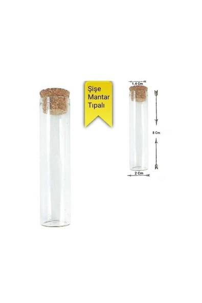 10 Adet Cam Şişe Mantar Tıpalı Dibi Düz Çok Amaçlı Deney Tüpü (en 2 Cm Boy 8 Cmı