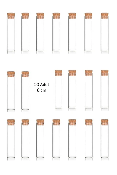 20 Adet Cam Şişe Mantar Tıpalı Dibi Düz Çok Amaçlı Deney Tüpü (EN 2 CM BOY 8 CM)