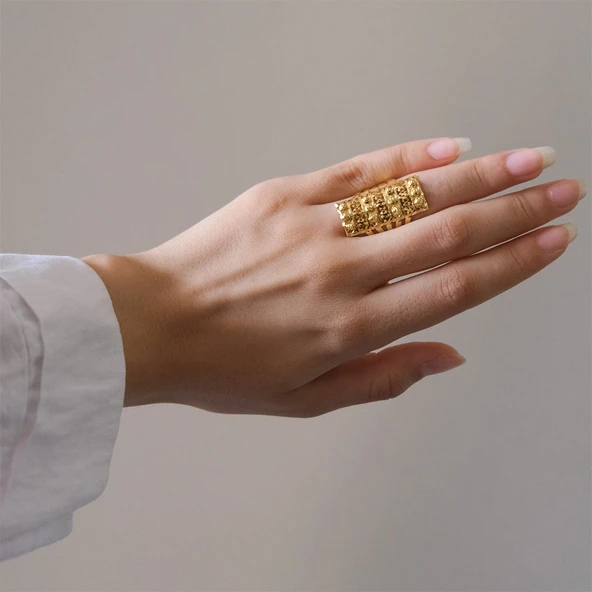 Çelik Yüzük Altın Kaplama Çiçek Desenli Kaburga YZK-485 - 2