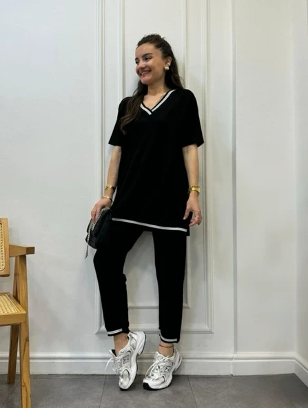 Kadın Kısa Kollu V Yakalı Iki Iplik Bluz Ve Pantolon Ikili Takım - 8