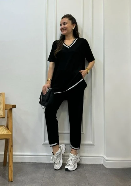 Kadın Kısa Kollu V Yakalı Iki Iplik Bluz Ve Pantolon Ikili Takım - 10