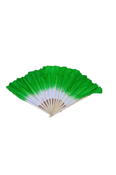 Kumaş Bambu Ahşap Yelpaze 45 Cm Yeşil