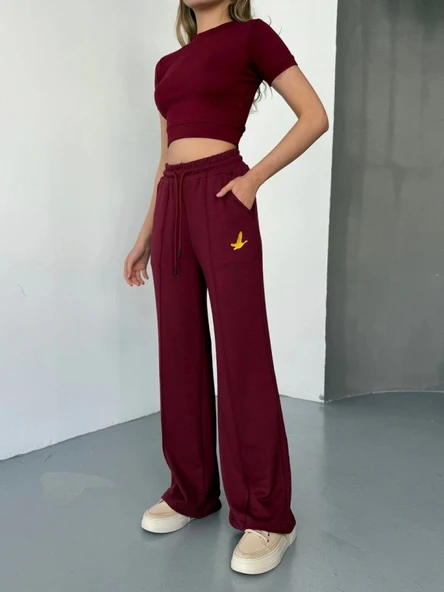 Osy Modal Yumuşak Dokulu Kumaş Nakış Işlemeli Rahat Bol Paça Eşofman Pantalon - Bordo