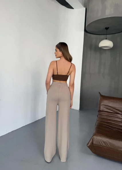 Osy Modal Yumuşak Dokulu Kumaş Nakış Işlemeli Rahat Bol Paça Eşofman Pantalon - Bej - 2