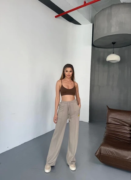 Osy Modal Yumuşak Dokulu Kumaş Nakış Işlemeli Rahat Bol Paça Eşofman Pantalon - Bej - 4