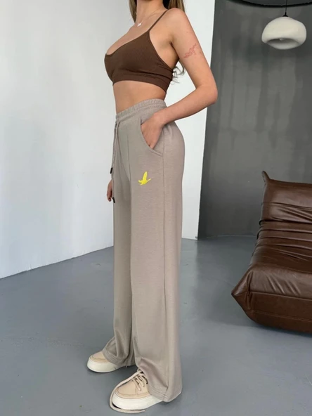 Osy Modal Yumuşak Dokulu Kumaş Nakış Işlemeli Rahat Bol Paça Eşofman Pantalon - Bej - 1