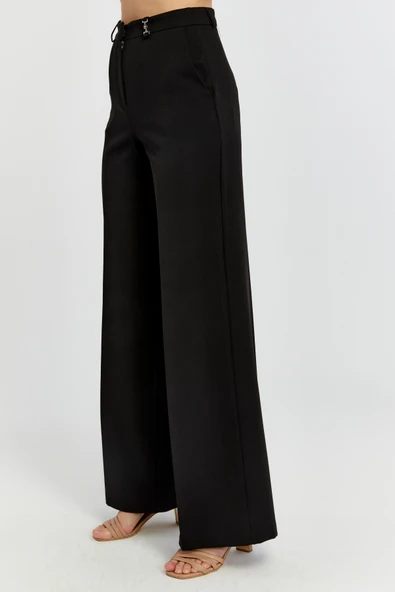 Siyah Palazzo Geniş Paça Dokuma Kumaş Pantolon - 3