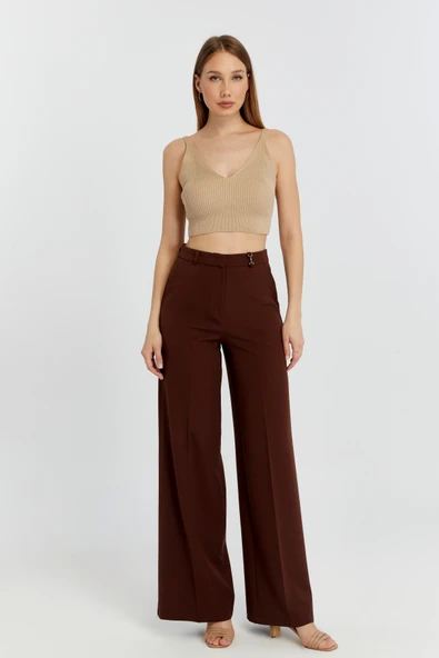 Kahverengi Palazzo Geniş Paça Dokuma Kumaş Pantolon