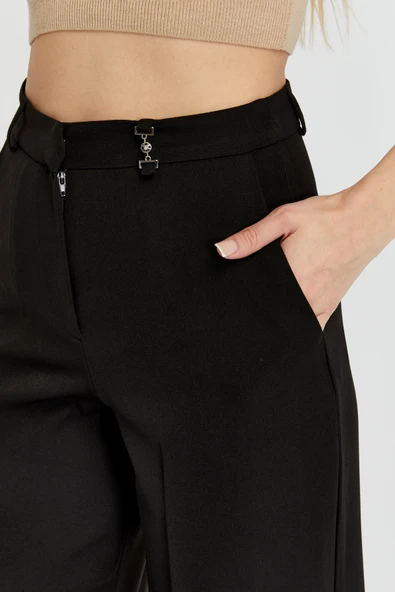 Siyah Palazzo Geniş Paça Dokuma Kumaş Pantolon - 6