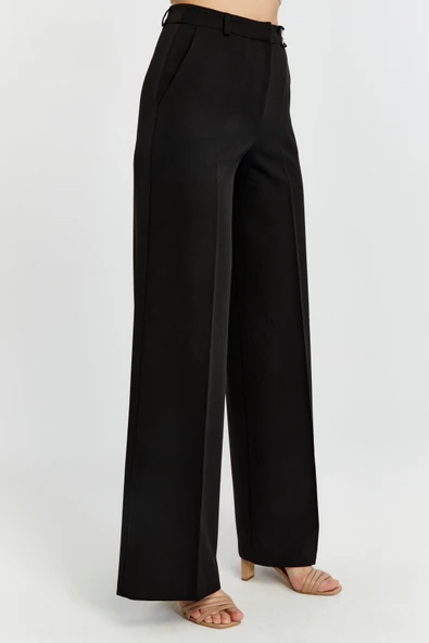 Siyah Palazzo Geniş Paça Dokuma Kumaş Pantolon - 4