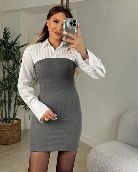 2474 Gömlek Detay Mini Elbise - Antrasit - 6