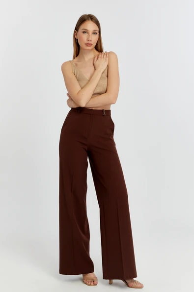 Kahverengi Palazzo Geniş Paça Dokuma Kumaş Pantolon - 4
