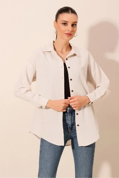 Krem Düz Oversize Uzun Basic Gömlek 3900