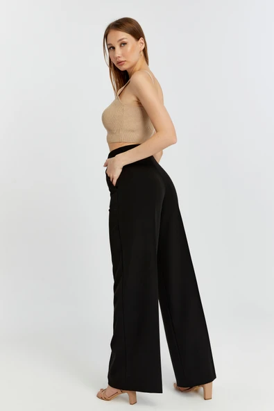 Siyah Palazzo Geniş Paça Dokuma Kumaş Pantolon - 8