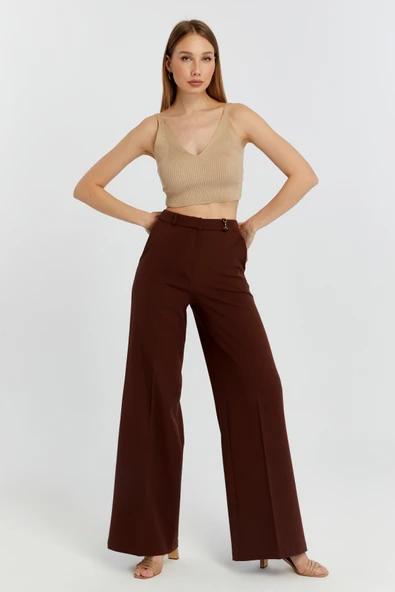 Kahverengi Palazzo Geniş Paça Dokuma Kumaş Pantolon - 2