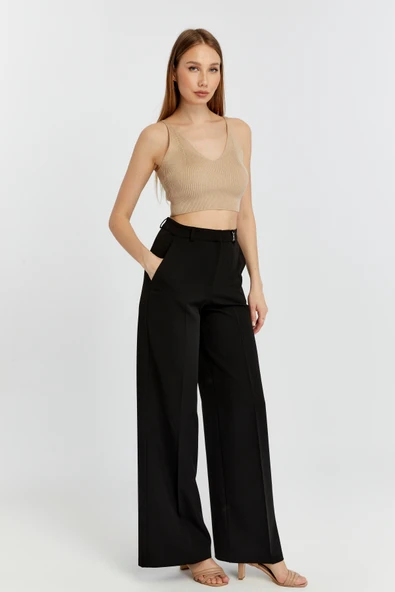 Siyah Palazzo Geniş Paça Dokuma Kumaş Pantolon